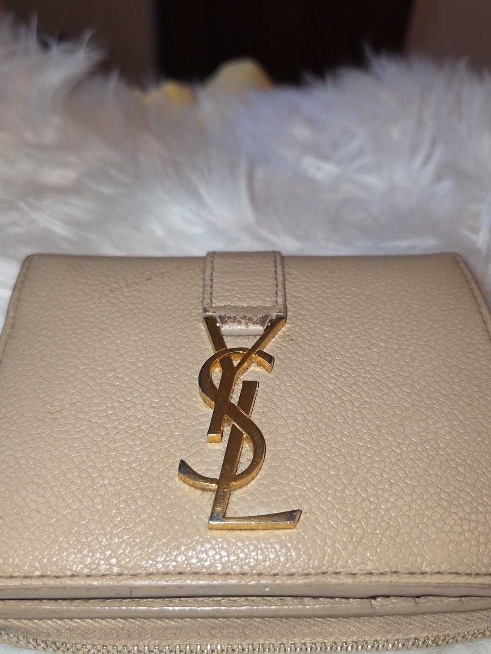 Saint Laurent Beige Leather Compact Wallet with Gold YSL Logo